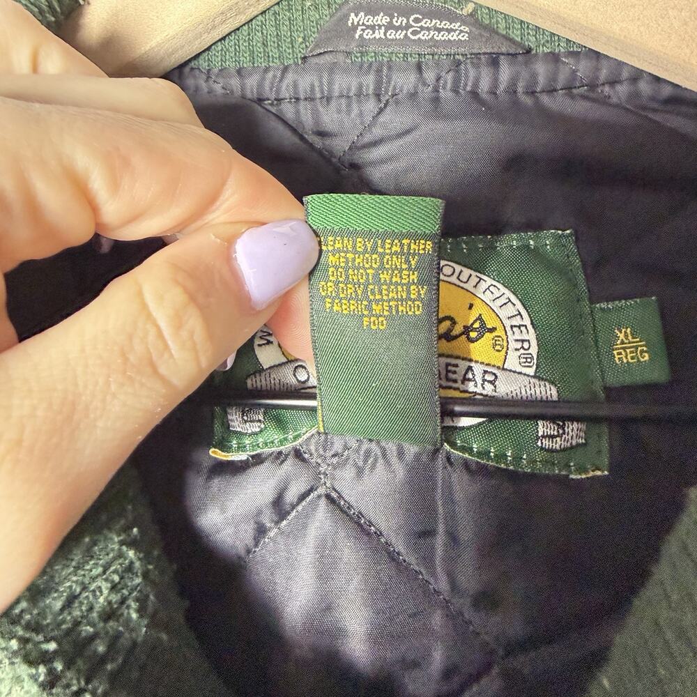 Vintage Cabela's Green Wool and Brown Leather Bomber Jacket Quilted Lining XL - Picture 6 of 16